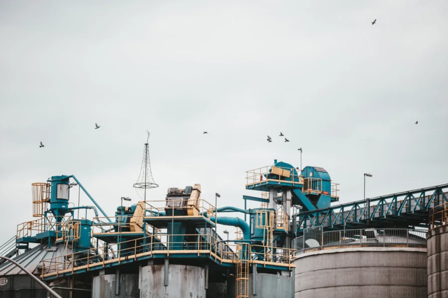 An industrial processing plant with tanks and pipework